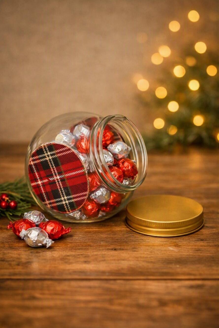 Upcycled Plaid Glass Jar – Holiday Jar, Christmas Container, Rustic Winter Decor